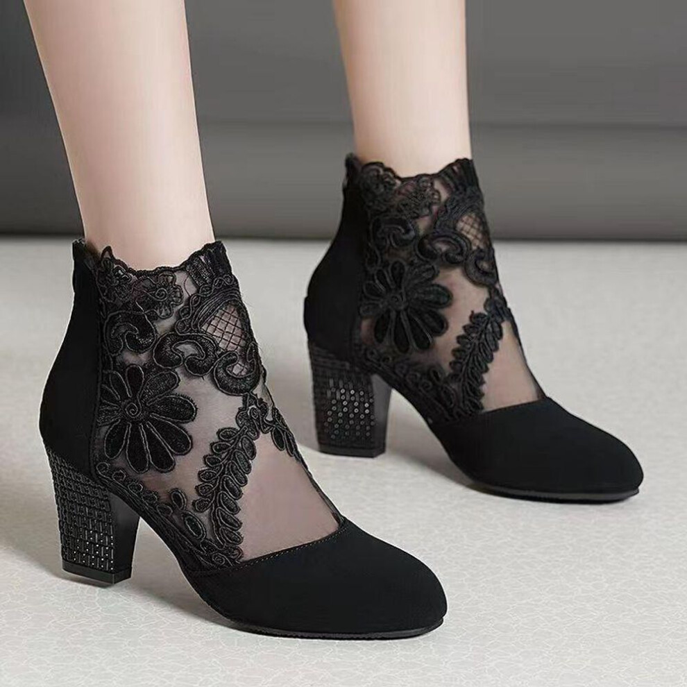 (black, 42) Ladies Lace Summer Slipper  Medium Heel Plus Size Sandals Breathable Mesh Fashion Comfortable High Heels