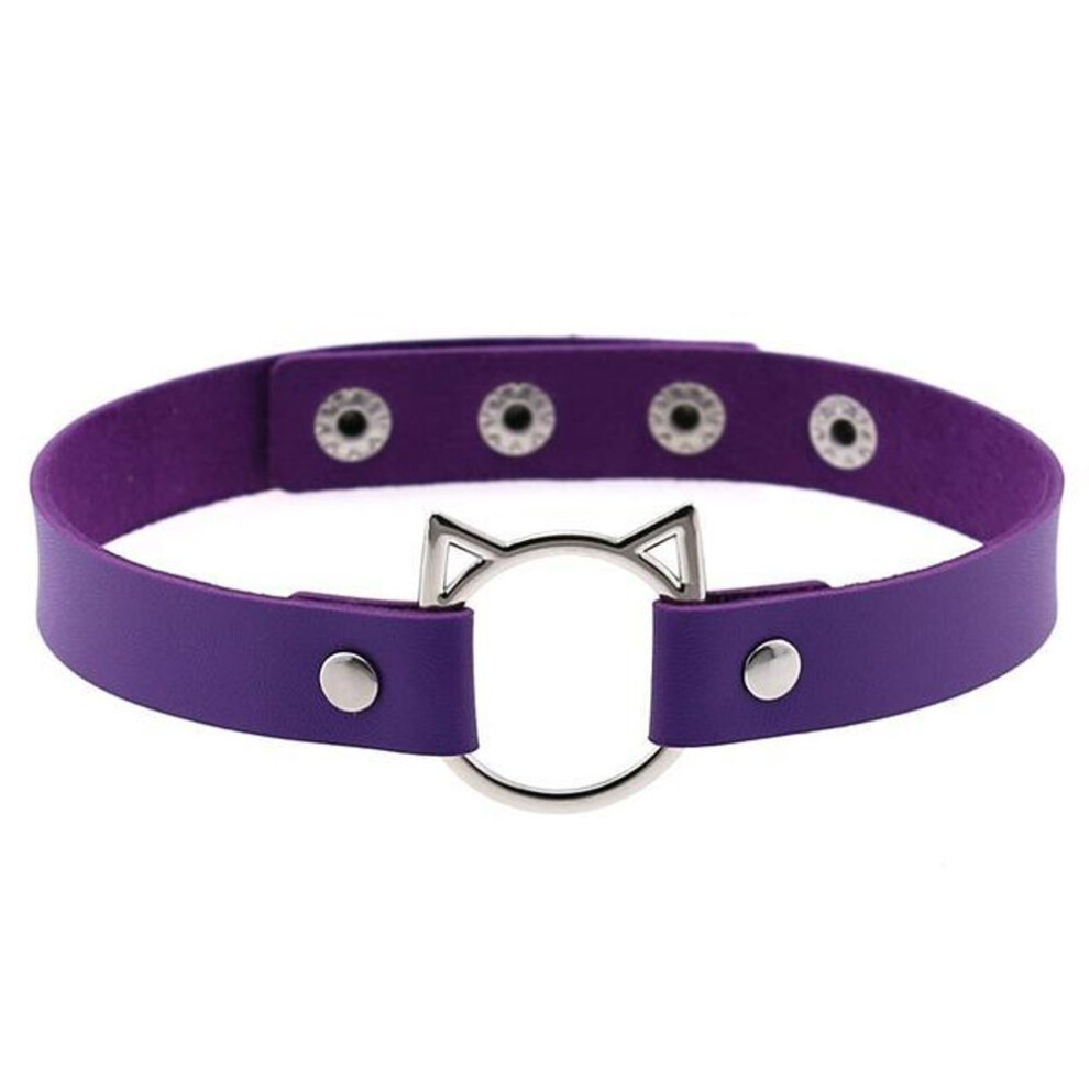 (purple) Gothic PU Leather Lock Hollow Cat Spike Rivet Collar Studded Punk Choker Necklace for Women Chocker Goth Jewelry