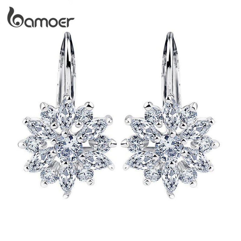 (silver) BAMOER 3 Colors Flower Stud Earrings Women Birthday Gift