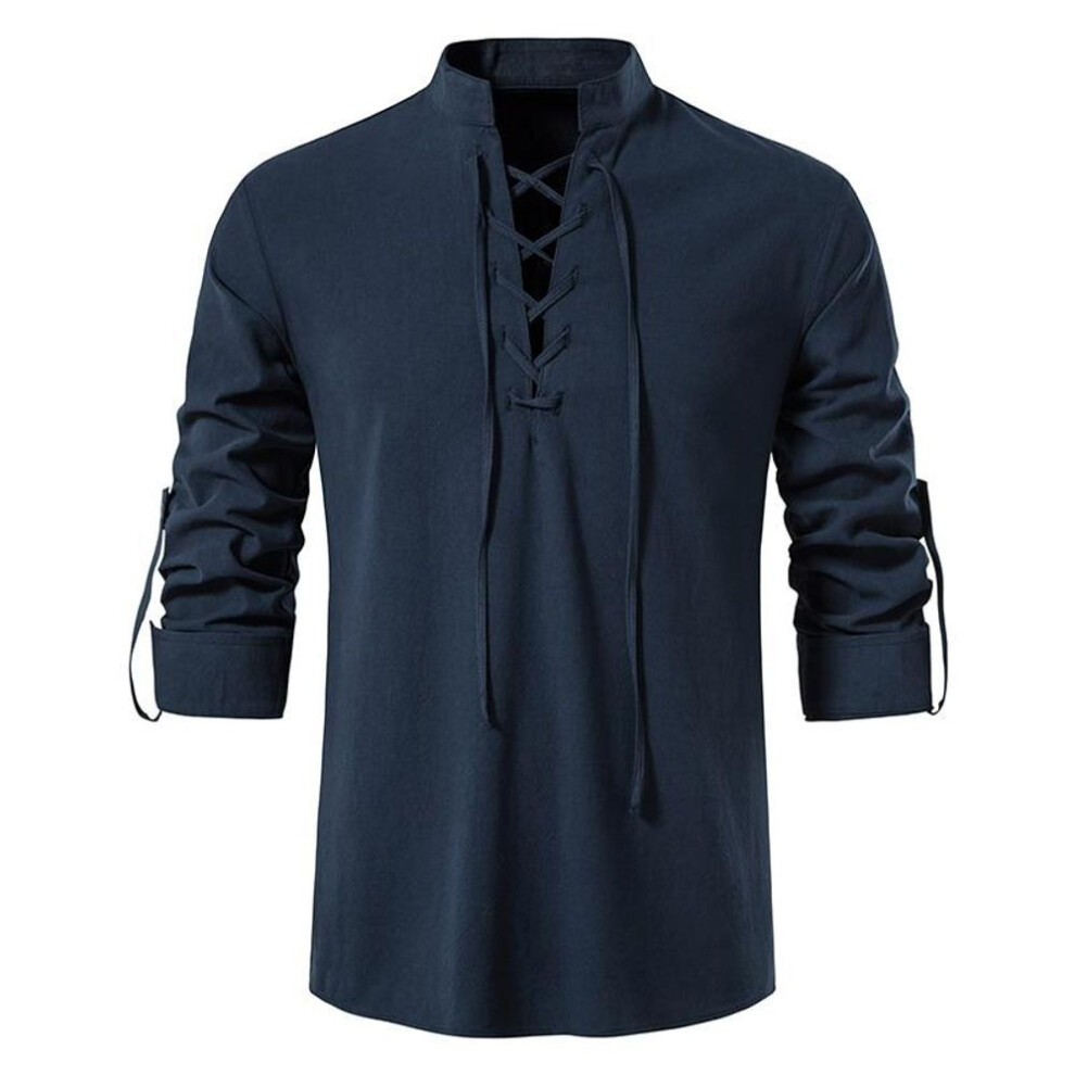 (navy blue, M) New Men&apos;s Casual Blouse Cotton Linen Shirt Tops Long Sleeve Tee Shirt Spring Autumn Slanted Placket Vintage Yoga Shirts