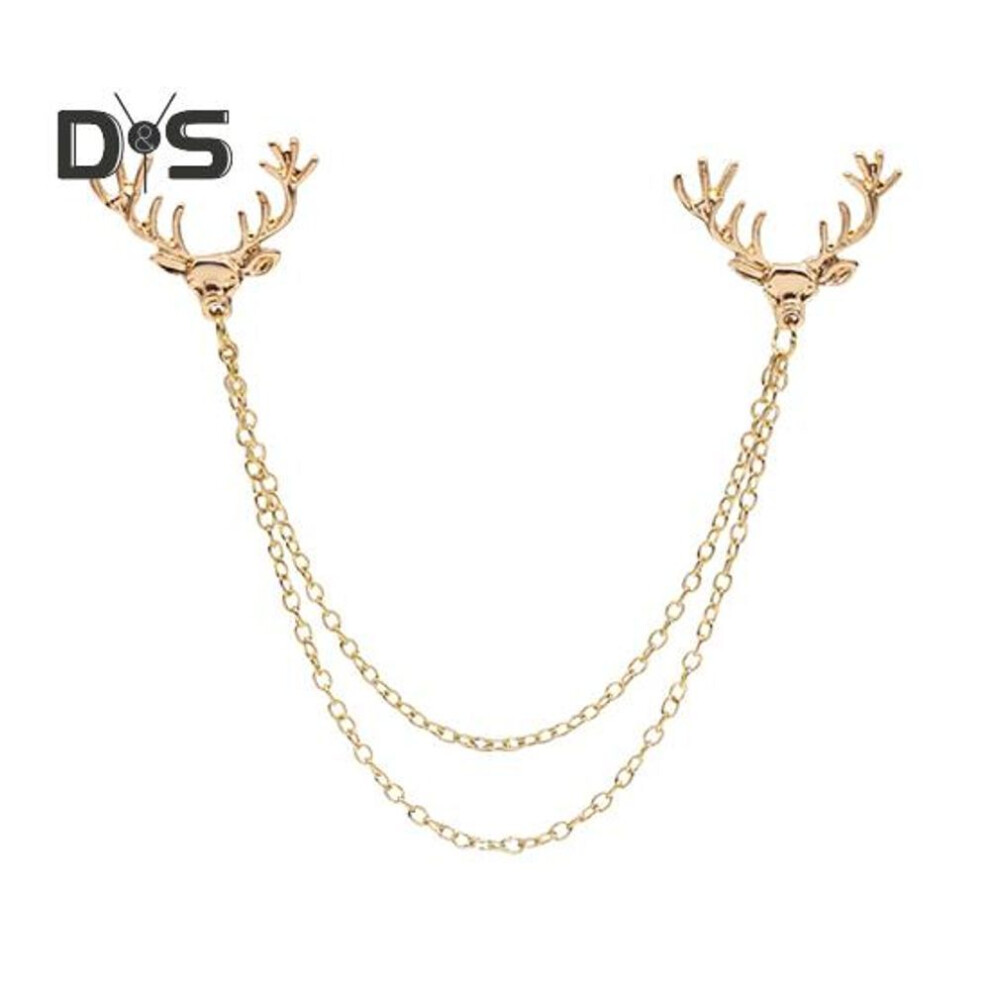 (golden) Men Lapel Pin Antler Decor Double Chains Anti-slip Dress-up Polished Suit Coat Collar Pin Coat Brooch Adult Clothes Hats Bags Jewelry