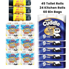 (Default) 45x Toilet Roll 3ply, 24x Kitchen Roll, 60xBin Bag Bundle - Luxury Quilted, Soft & Gentle, Flushable, Eco-Friendly, Disposable, Sustainable