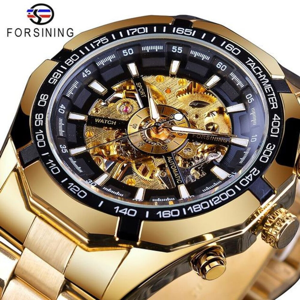 (gold) Forsining Stainless Steel Waterproof  Mens Skeleton Watches Top Brand Luxury Transparent Mechanical Sport Male Wrist Watches