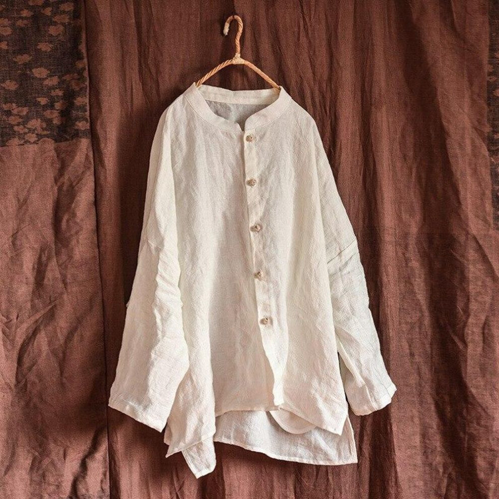 (white, One Size) Johnature Women Vintage Linen Button Coats Stand Solid Color Long Sleeve Loose Coat Spring Chinese Style Casual Clothes