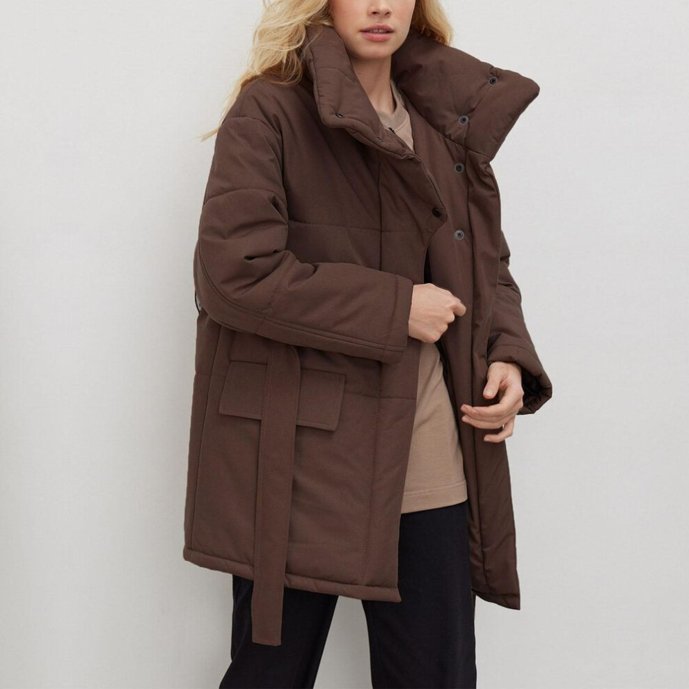 (brown, L) Women Autumn Winter Stand Collar Cotton Coat Temperament Irregular Button Matching Belt Medium Long Jackect