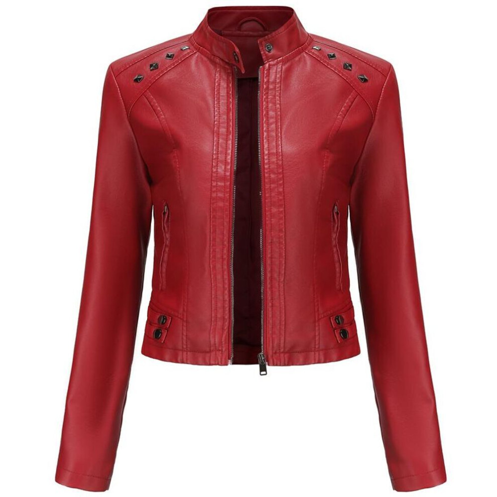 (wine red, M) Women Faux Leather Jacket Cropped Zip Up Motorcycle Short PU Moto Biker Outwear Fitted Slim Coat with Pockets Stylish Rivets Punk Rock Fashion Blazer