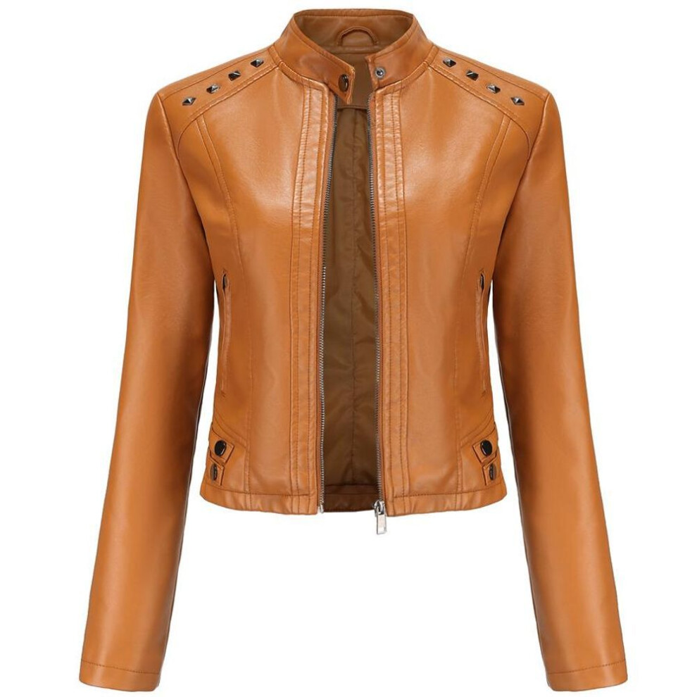 (camel, S) Women Faux Leather Jacket Cropped Zip Up Motorcycle Short PU Moto Biker Outwear Fitted Slim Coat with Pockets Stylish Rivets Punk Rock Fashion Blazer