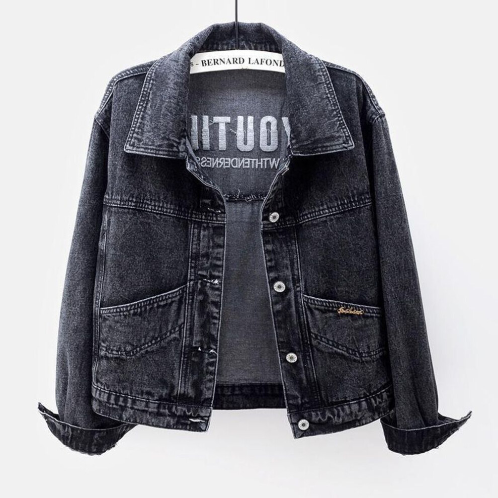 (black,gray, 2XL) Plus Size Embroidered Denim Women Spring Autumn Casual Long Sleeve Short Jean Jacket Streetwear Loose Outerwear