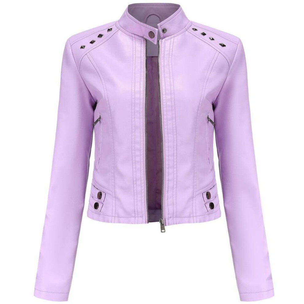(pink, L) Women Faux Leather Jacket Cropped Zip Up Motorcycle Short PU Moto Biker Outwear Fitted Slim Coat with Pockets Stylish Rivets Punk Rock Fashion Blazer