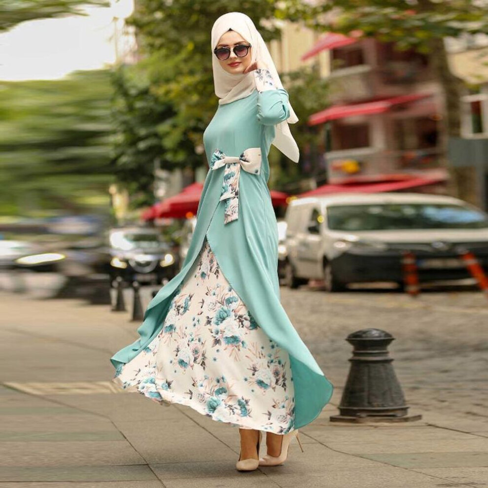 (light blue, L) Women Dress Turkish Cloth Islam Muslin Chiffon Robe Canonicals with Scarf One Piece Long Dress Long Sleeve Print Elegant Dress