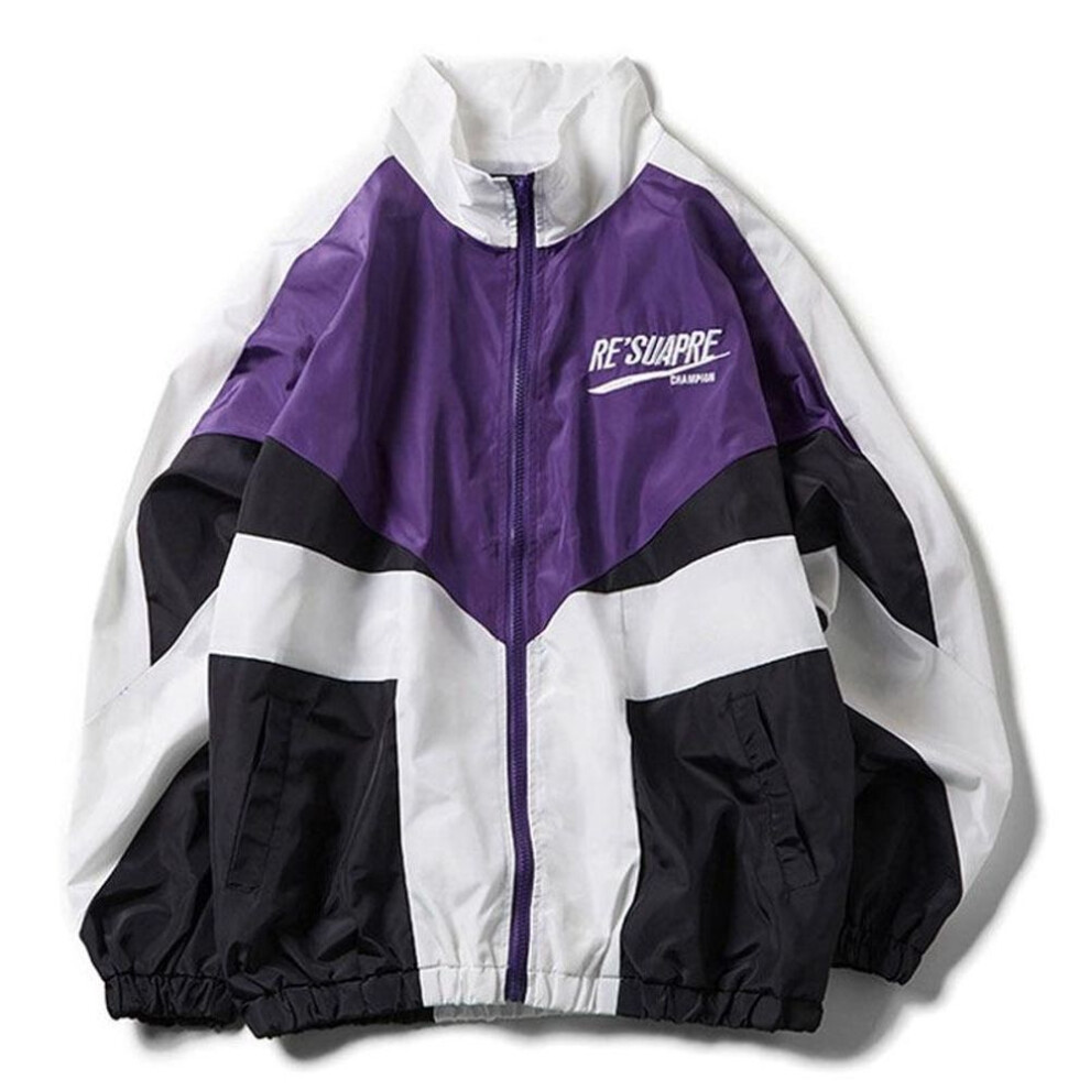 (purple, L 52-57kg) College Style Varsity Jacket Men Spring Letter Embroidery Bomber Jacket Casual Street Loose Patchwork Zipper Coat Women Couple