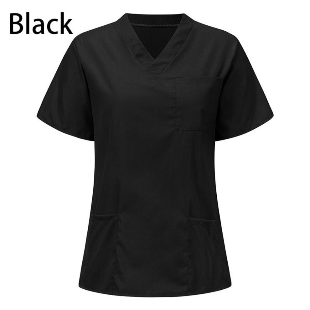 (black, L) Men Women Nurse accessories V-neck Scrub Tops with Pocket Nursing Uniform Short Sleeve Blouse