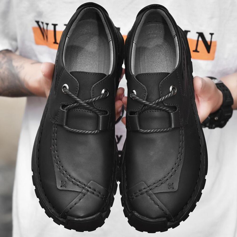 (black, 42) Men Handmade Leather Shoes Casual Hiking Lacing Outdoor Walking Driving Shoes