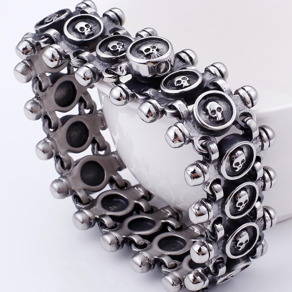 (as the picture, 21.5cm) Punk Rocker Skull Bracelet for Men Quality 316L Stainless Steel Massive Jewellery Gothic 26MM Wide Mens Skeleton Bracelets 2022