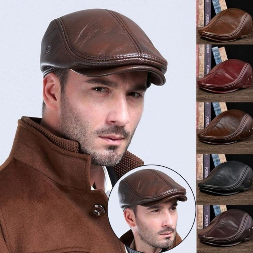 (brown, L(55-56cm)) Men&apos;s Genuine Leather Beret Hunting Cap Cowhide Leather Warm Hat for Men