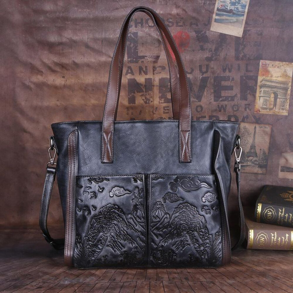 (grey) Johnature Retro Genuine Leather Female Bag Large Capacity Casual Tote Handmade Embossed Women Handbag Shoulder Bags