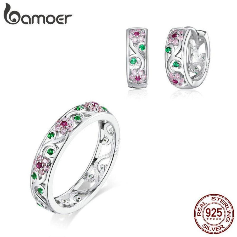 (8) BAMOER Genuine 925 Sterling Silver Spring Flower Hoop Earrings Ring Suit fit Women Wedding Engagement Jewelry