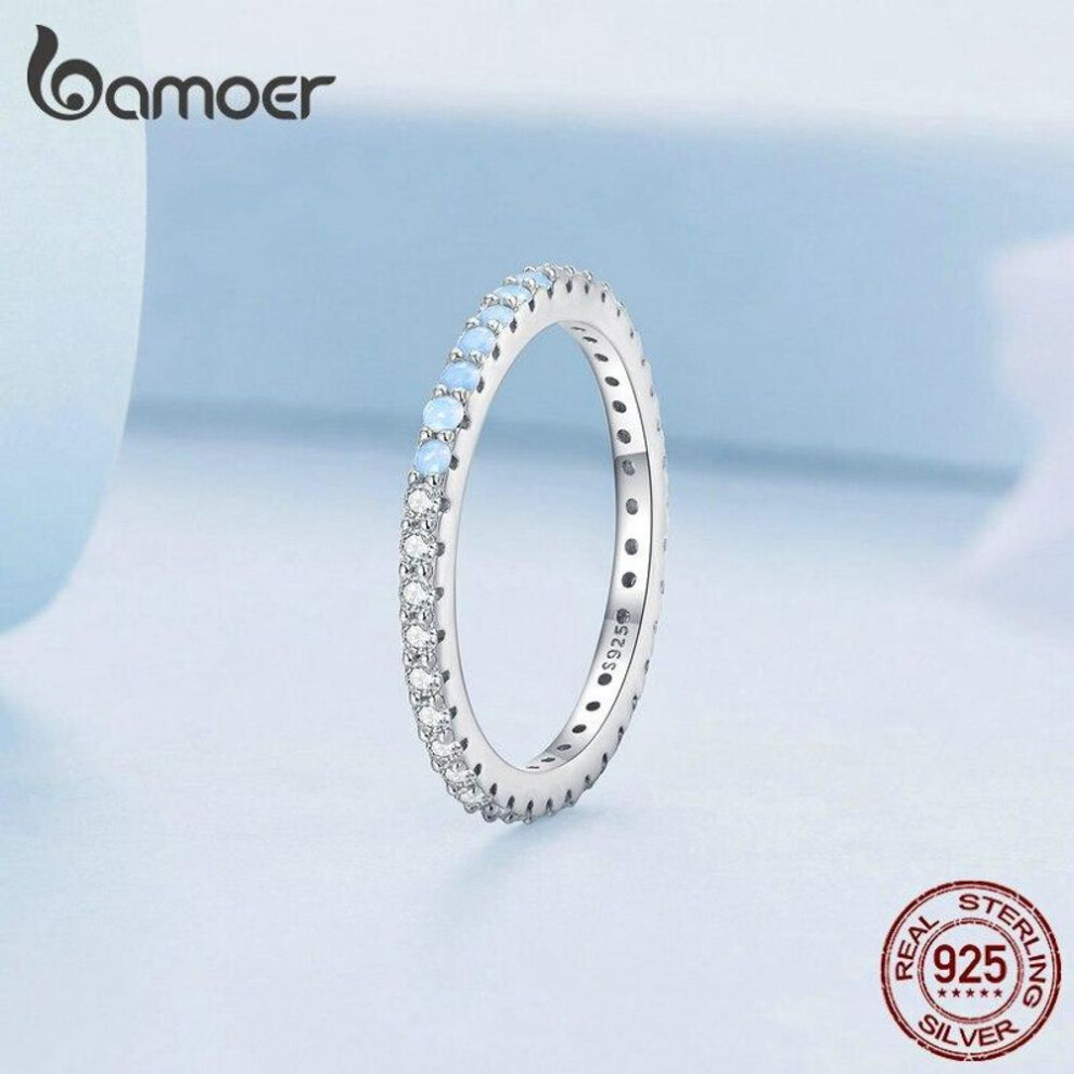 (8) BAMOER 925 Sterling Silver Blue Simple Finger Ring Stackable Eternity Bands for Women Gift Platinum Plated Fine Jewelry