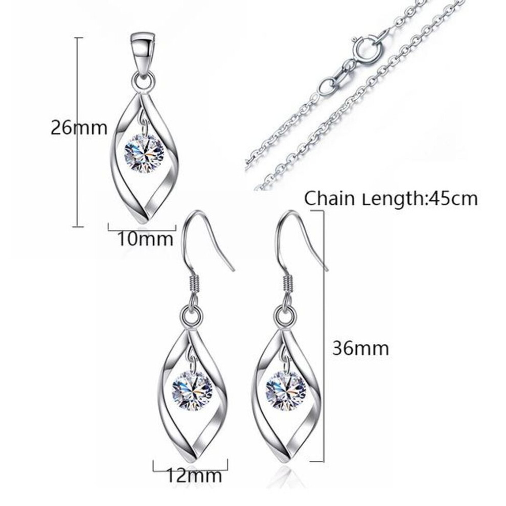 (silver) 925 Sterling Silver Jewelry Sets Zirconia Twist Water Drop Necklace+Earrings Bijoux For Women Christmas Gift