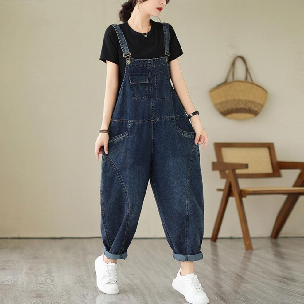 (blue, XL) Autumn Women&apos;s Denim Jumpsuit   Literary and Artistic Oversized Loose Slimming Suspender Design Strap Jeans Overall