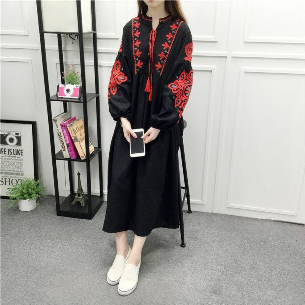 (black, one size) Spring Summer Women&apos;s Embroidered Lace-up Cotton Linen Loose A-line Lantern Long-sleeved Dress