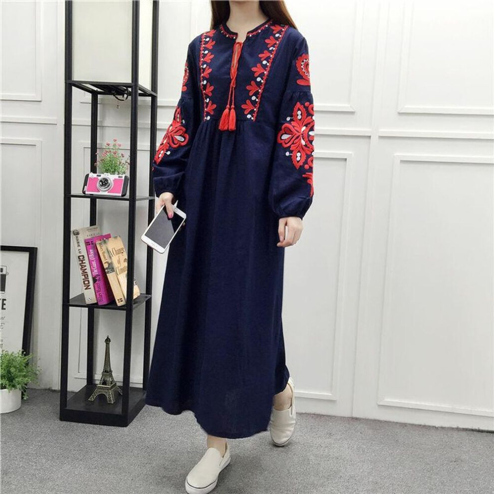 (navy, one size) Spring Summer Women&apos;s Embroidered Lace-up Cotton Linen Loose A-line Lantern Long-sleeved Dress