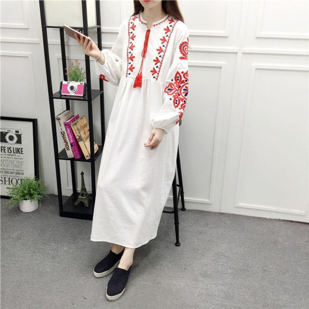 (white, one size) Spring Summer Women&apos;s Embroidered Lace-up Cotton Linen Loose A-line Lantern Long-sleeved Dress