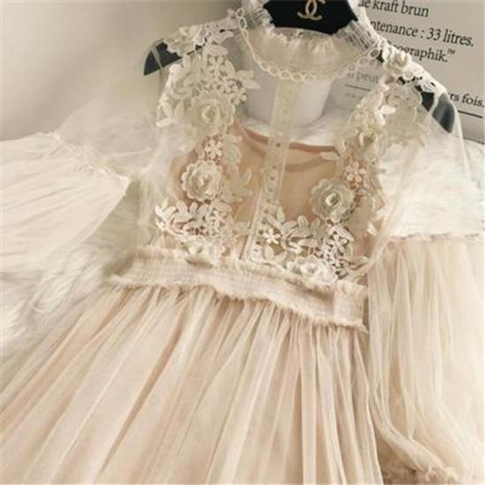 (apricot, one size) Summer Dress Women Stand Collar Flower Embroidery Lantern Sleeved Candy Colors Mesh Women Dresses Vestidos