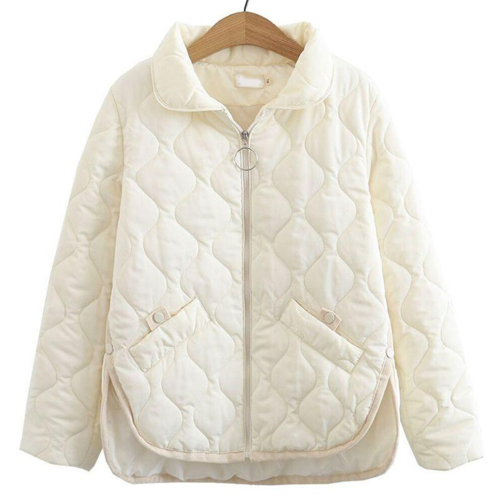 (beige, L) Plus Size Women&apos;s Clothing Autumn/winter Lapel Coat Solid Color Long-sleeved Jacket Wavy Quilted Lines Large Size Short Coat