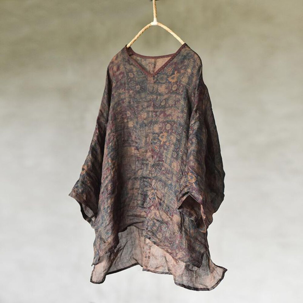 (blue, One Size) Johnature Women Vintage Ramie Print Floral T-Shirts Loose V-Neck Seven Sleeve Tees Summer Thin Women T-Shirts