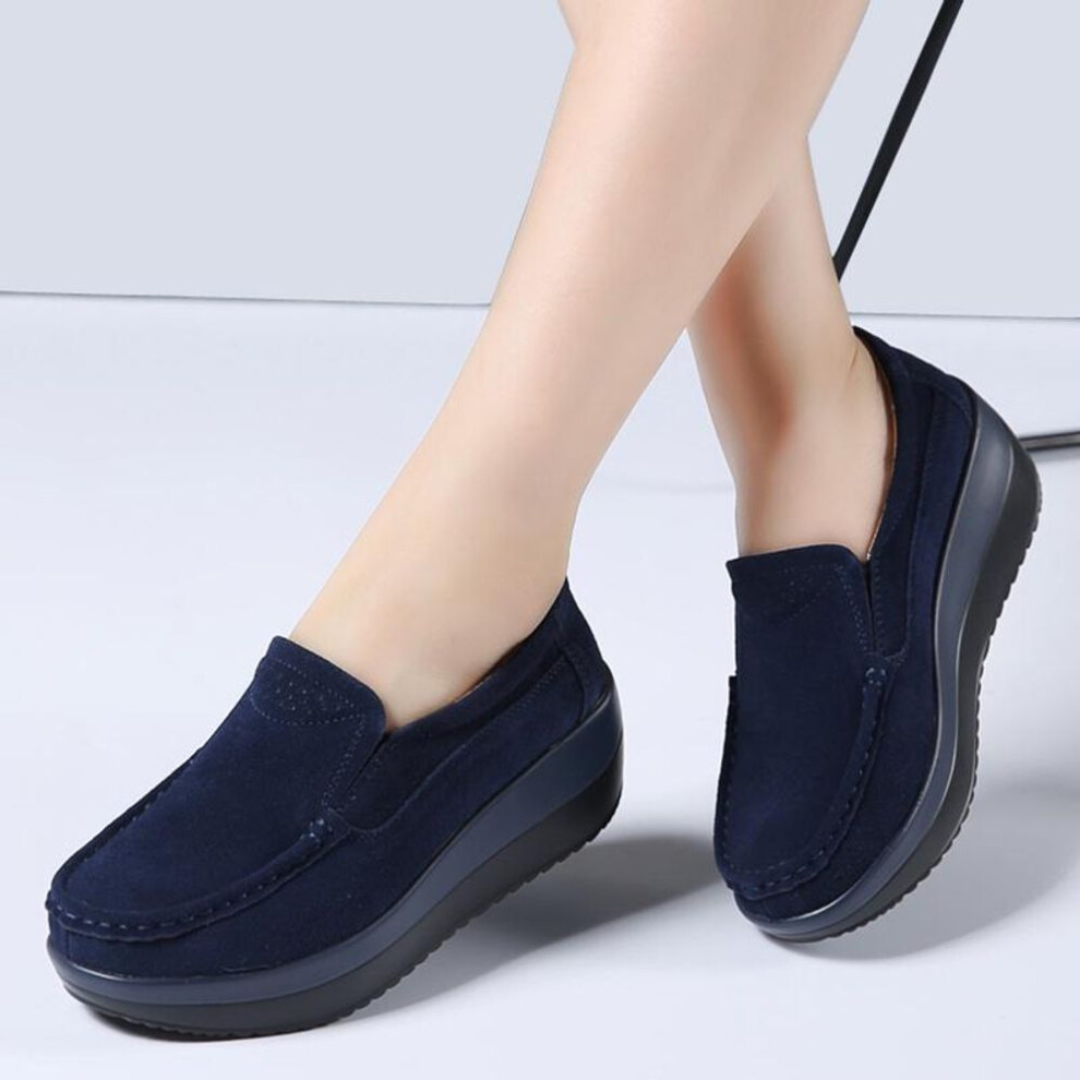 (blue, 37) Autumn Women Platform Sneakers Leather Suede Moccasins Shoes Ladies Blue Casual Oxford Shoes