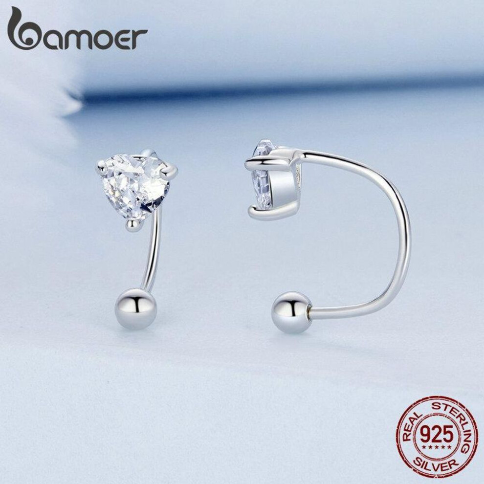 (925 silver) BAMOER 925 Sterling Silver Heart Shape Zircon Stud Earrings U-shaped Earrings for Women Simple Fine Jewerly