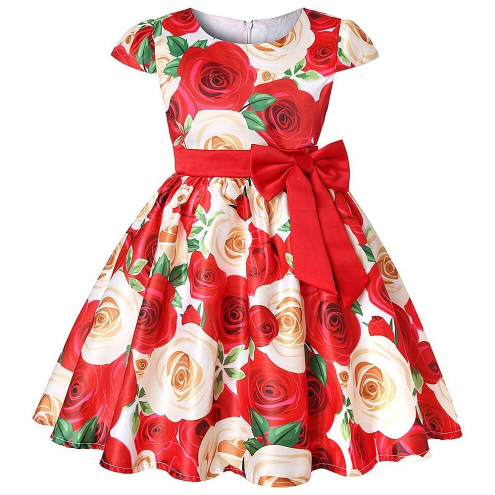 (red, 100) Children&apos;s Princess Dress Retro Flower Print Dress Festival Host Children&apos;s Dress