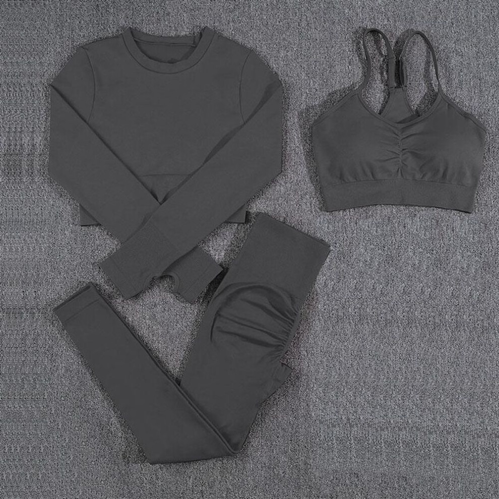 (grey, L) 3 Piece Yoga Women Set Seamless Long Sleeved Crop Top Bras Set Fitness Skinny Elastic Push Up Leggings Yoga Set