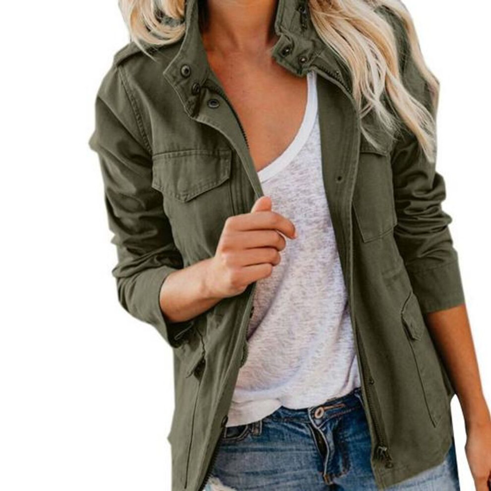 (army green, 2XL) Women Coat Stand Collar Zipper Multiple Pockets Solid Color Long Sleeves Soft Casual Cardigan Pure Color Spring Coat for Daily Wear