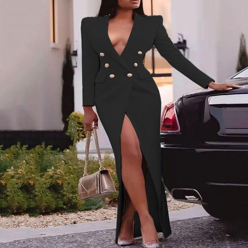 (black, XL) Elegant Women Blazer Dress Suits Long Sleeve Buttons Wrap Maxi Jacket Coat Classy Fashion Lady Large Size Party Evening Outfits