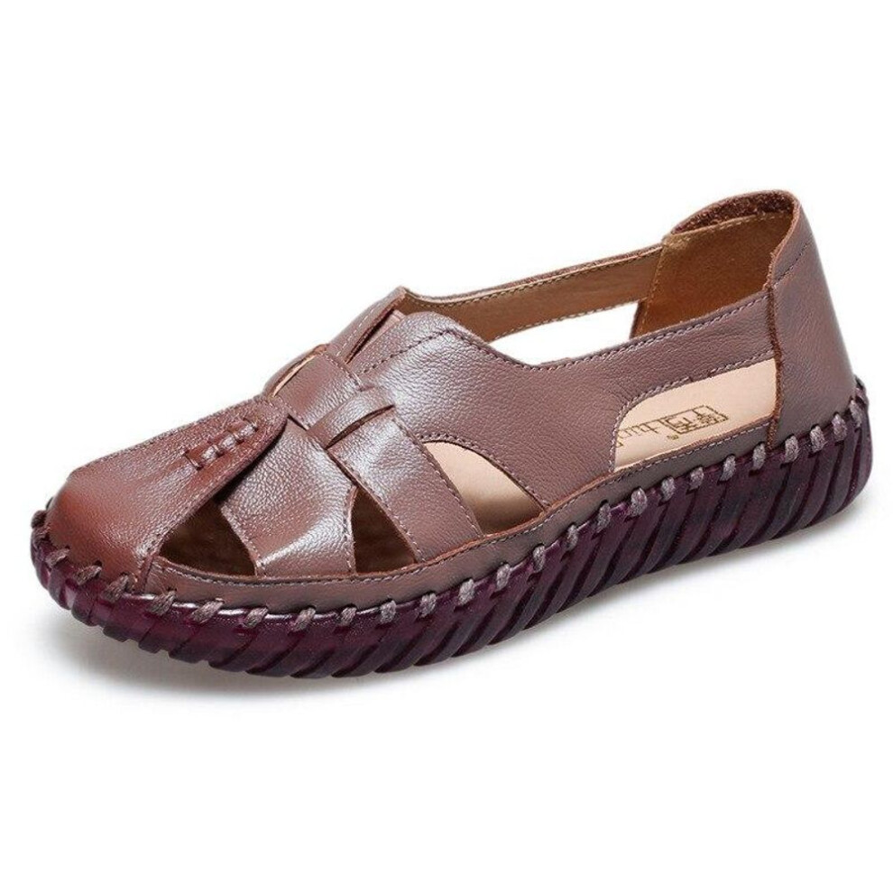 (khaki, 41) Genuine Leather Women Flat Hollow Summer Shoes female Breathable Beach Sandals