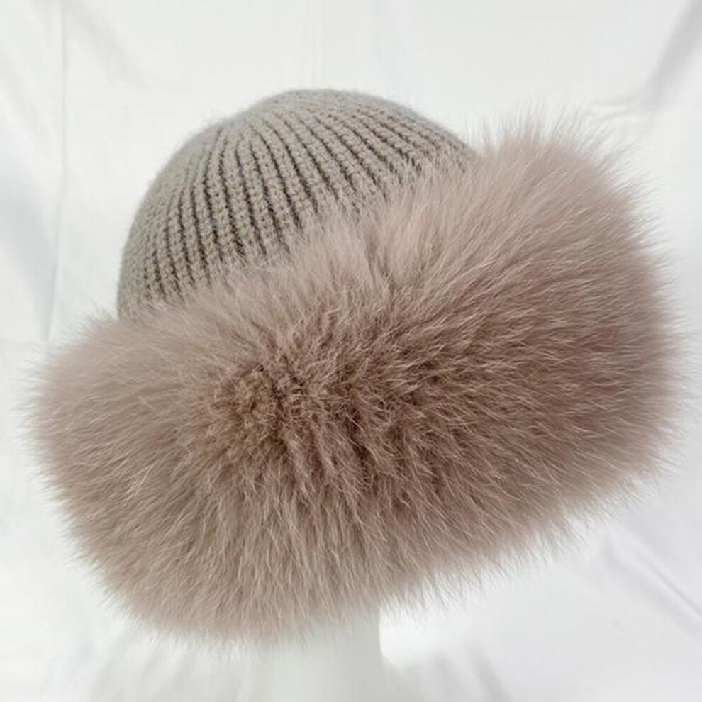 (khaki, One Size) Winter Hats Women   Fox Fur Fluffy Warm Fashion Stylish Fedoras Knitted fur hat