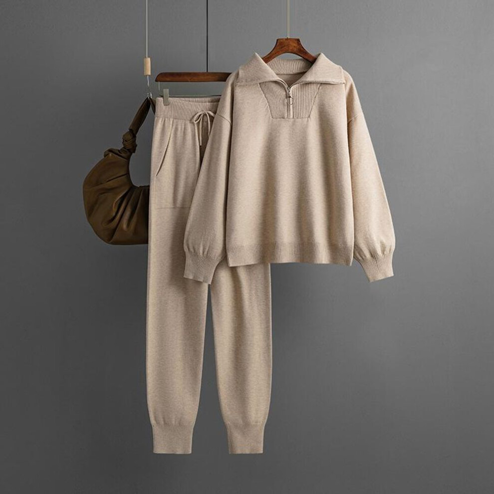 (khaki, OneSize) Polo Collar Sweater Suits Women Autumn Winter Loose Knitting Two-piece Set