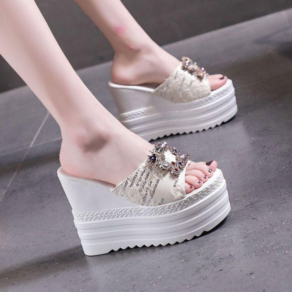 (white, 39) Summer Fashion Slippers Women&apos;s Super High Heel One line Slippers Women&apos;s Anti slip Thick Sole Slippers Elevated Shoes
