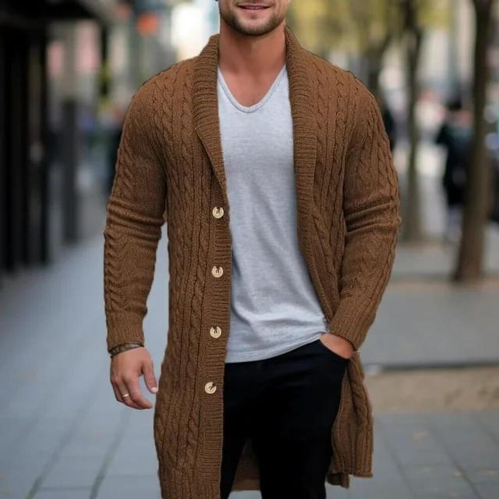 (brown, L) Woolen Trench Coat for Men Spring and Autumn Knit Cardigan Jacket Casual Overcoat