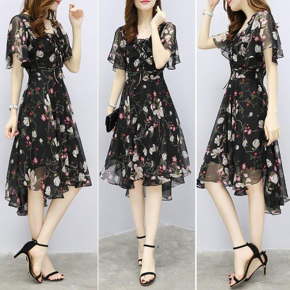 (black, L) Women Chiffon Print Dress Spring Office Lady V-Neck Flare Sleeve Slim Knee-Length Female Summer Clothes