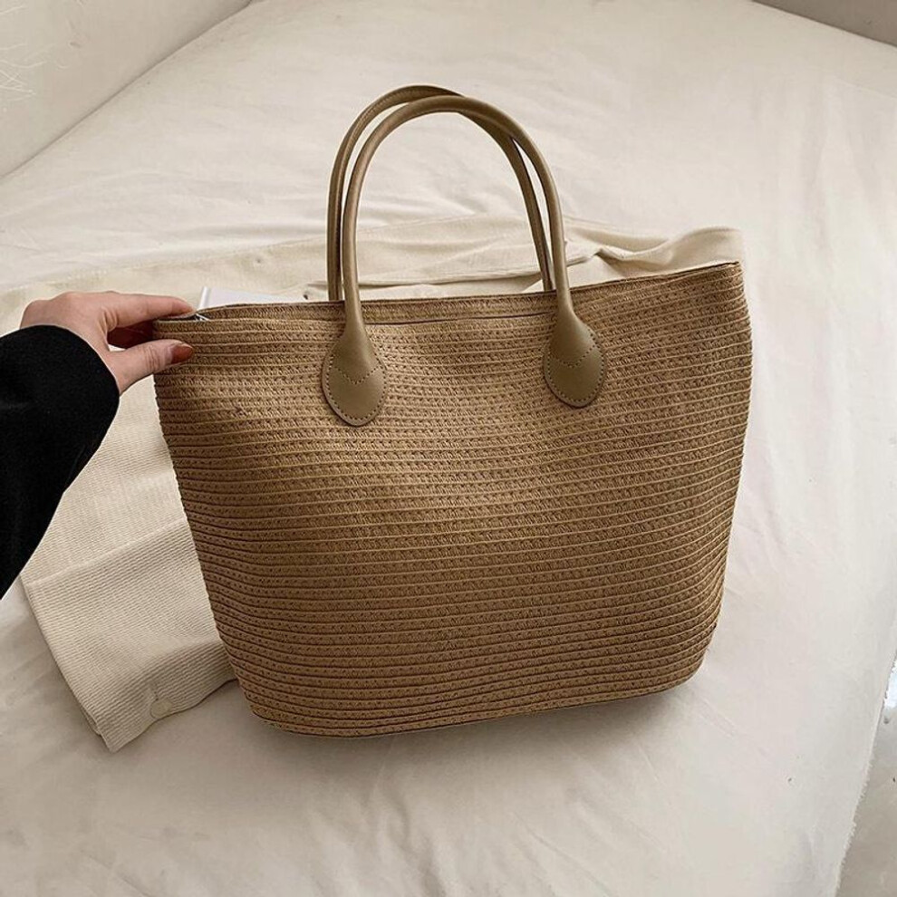 (khaki, 34x14x30cm) Yogodlns Fashion Handwoven Straw Shoulder Beach Bag Large Capacity Purse and HandBag For Women Casual Summer Travel Vacation Shopper Tote