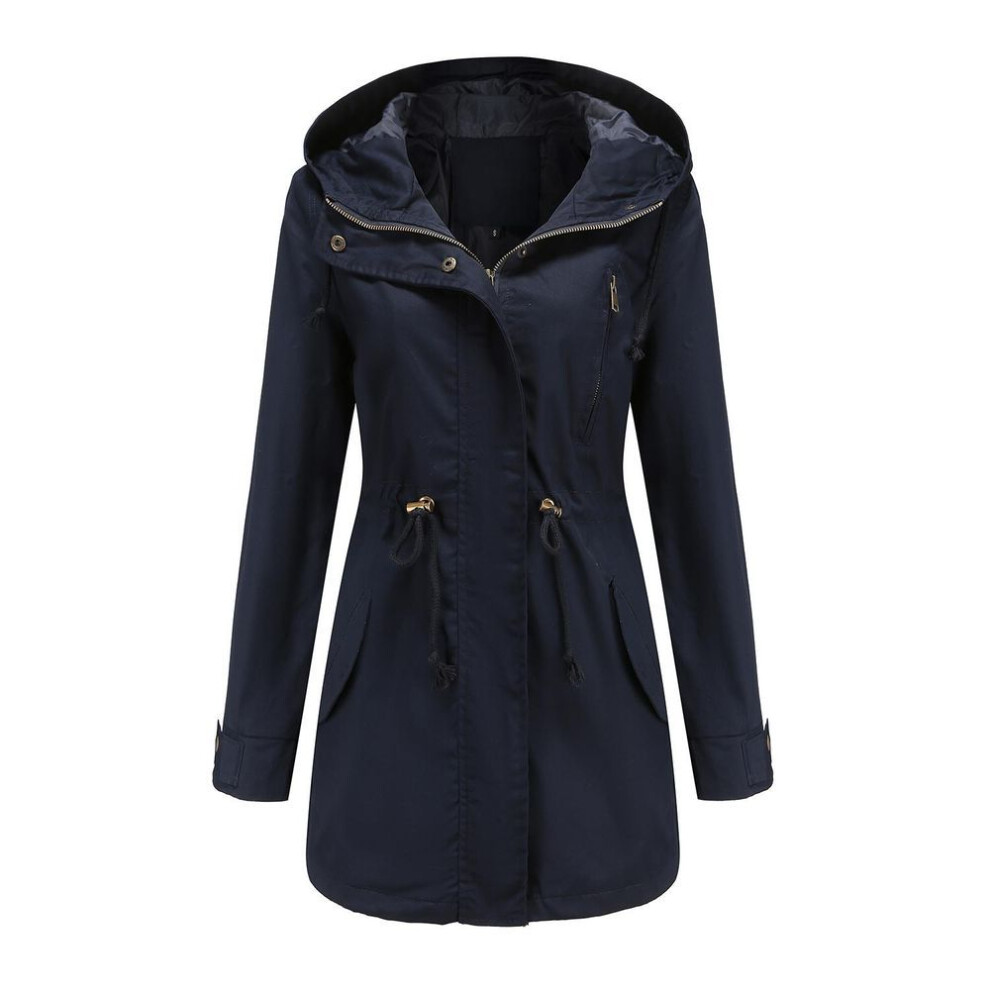 (navy blue, 2XL) Women's Trench Coat Cotton Solid Color Hooded Zipper Windproof Long Jacket Drawstring Outdoor Hiking Windcheater Spring Autumn Winter Outwear