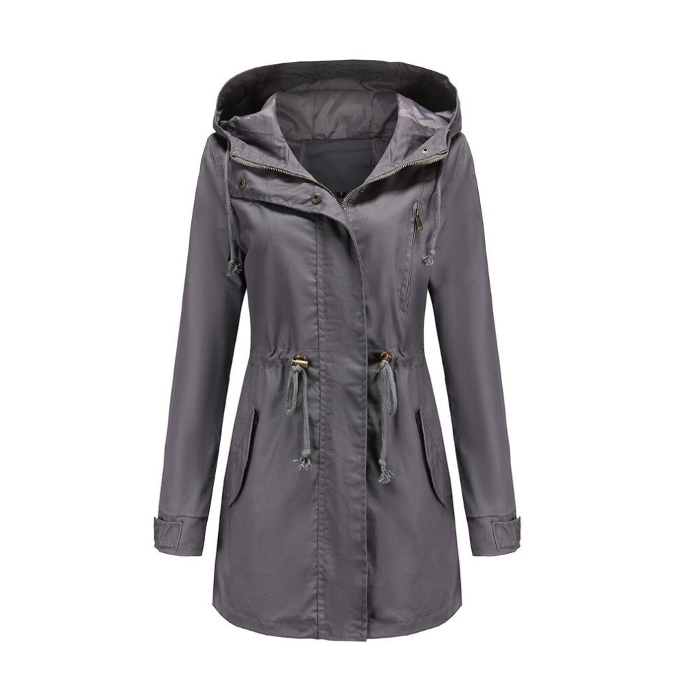 (grey, M) Women's Trench Coat Cotton Solid Color Hooded Zipper Windproof Long Jacket Drawstring Outdoor Hiking Windcheater Spring Autumn Winter Outwear