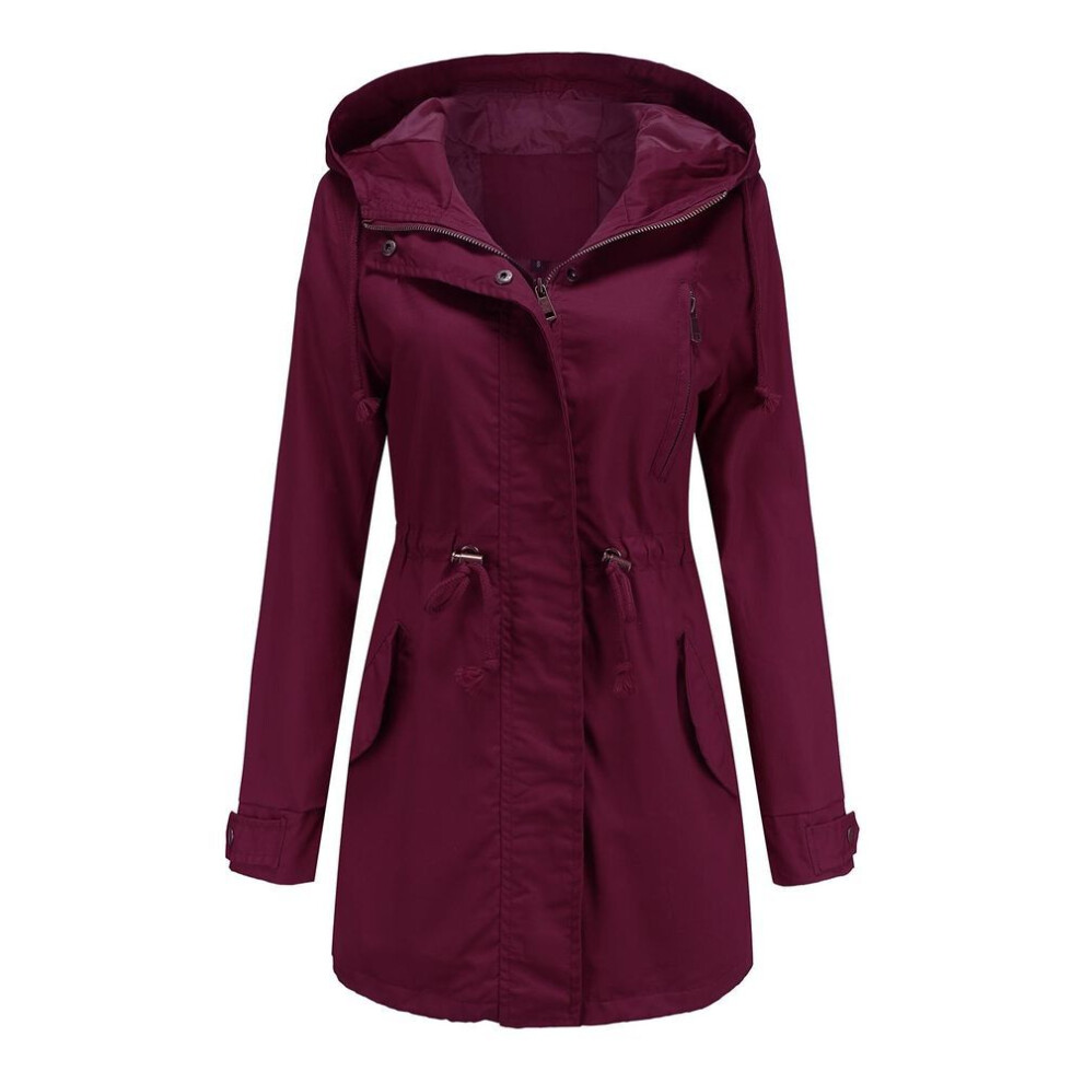 (burgundy, M) Women's Trench Coat Cotton Solid Color Hooded Zipper Windproof Long Jacket Drawstring Outdoor Hiking Windcheater Spring Autumn Winter Outwear
