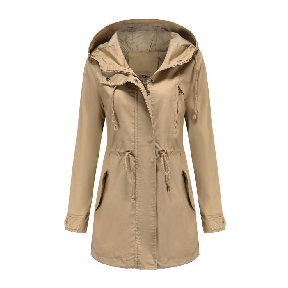 (apricot, L) Women's Trench Coat Cotton Solid Color Hooded Zipper Windproof Long Jacket Drawstring Outdoor Hiking Windcheater Spring Autumn Winter Outwear
