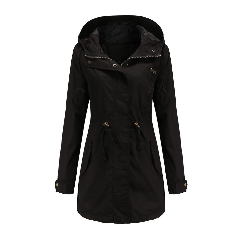 (black, L) Women's Trench Coat Cotton Solid Color Hooded Zipper Windproof Long Jacket Drawstring Outdoor Hiking Windcheater Spring Autumn Winter Outwear