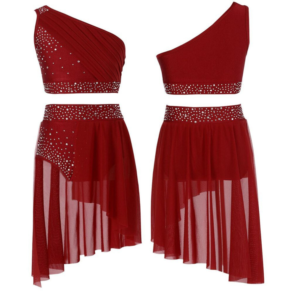 (burgundy, 13-14 Years) Kids Girls 2 Pieces Dance Outfit Ballet Gymnastics Leotard Athletic Crop Top with Tutu Skirt Lyrical Dance Dress