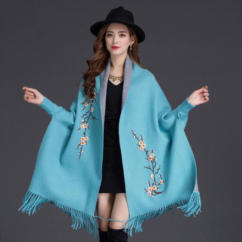 (blue) Autumn Winter Can Wear Shawl Scarf Dual-use Embroidery With Sleeves Wool Cashmere Thick Tassel Cloak Female